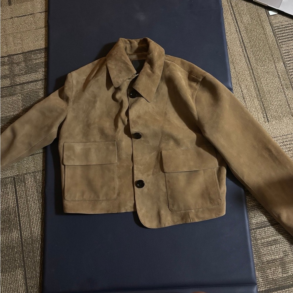 Massimo Dutti Tan Suede Leather Jacket with Buttons and Pockets - Picture 3 of 4